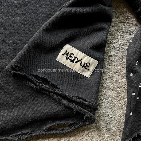 Camiseta personalizada Rhinestone Distressed Unisex bordado Manga larga doble capas camiseta de gran tamaño pesado para hombres