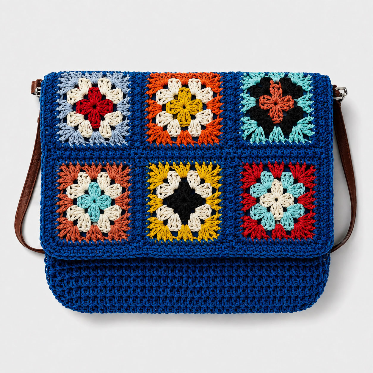 Handmade Style Bohemian Crochet Granny Square Shoulder Bag - Vintage Woven