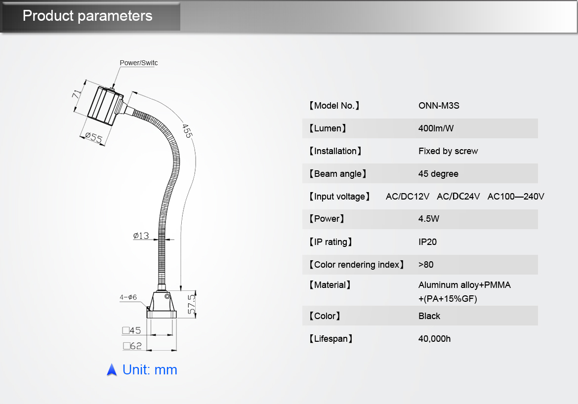 ONN-M3S 24V 4.5W LED Machine Tool Work Lights Flexible Gooseneck Light For Automatic