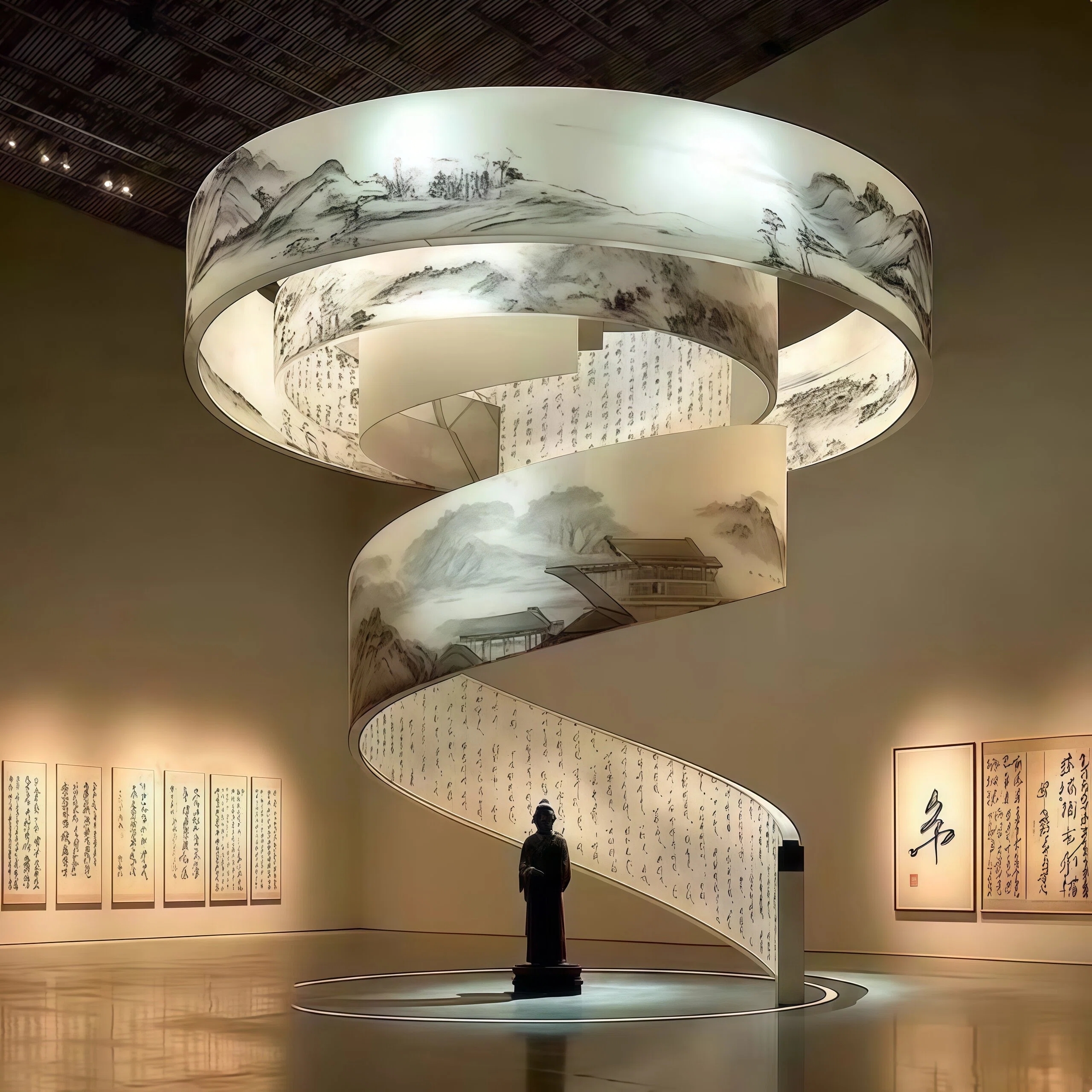 JYLIGHTING Chinese Landscape Printed PET Spiral Art Installation Light, Custom Curved Ribbon LED Sculpture Lighting for Banquet Hall & Hotel Lobby