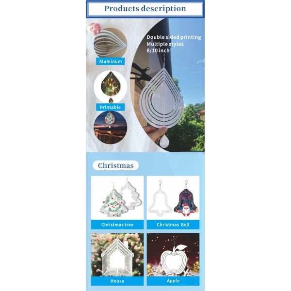 Garden Christmas Decor 8inch 10inch Water Droplet Sublimation Wind Spinner Blanks with Tail for Heat Press Spiral Wind Chime
