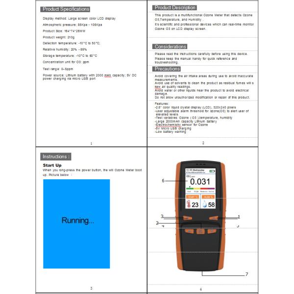 TFT LCD Screen Portable Gas Detector Self Calibration Function Toliet Ozone O3 Detector