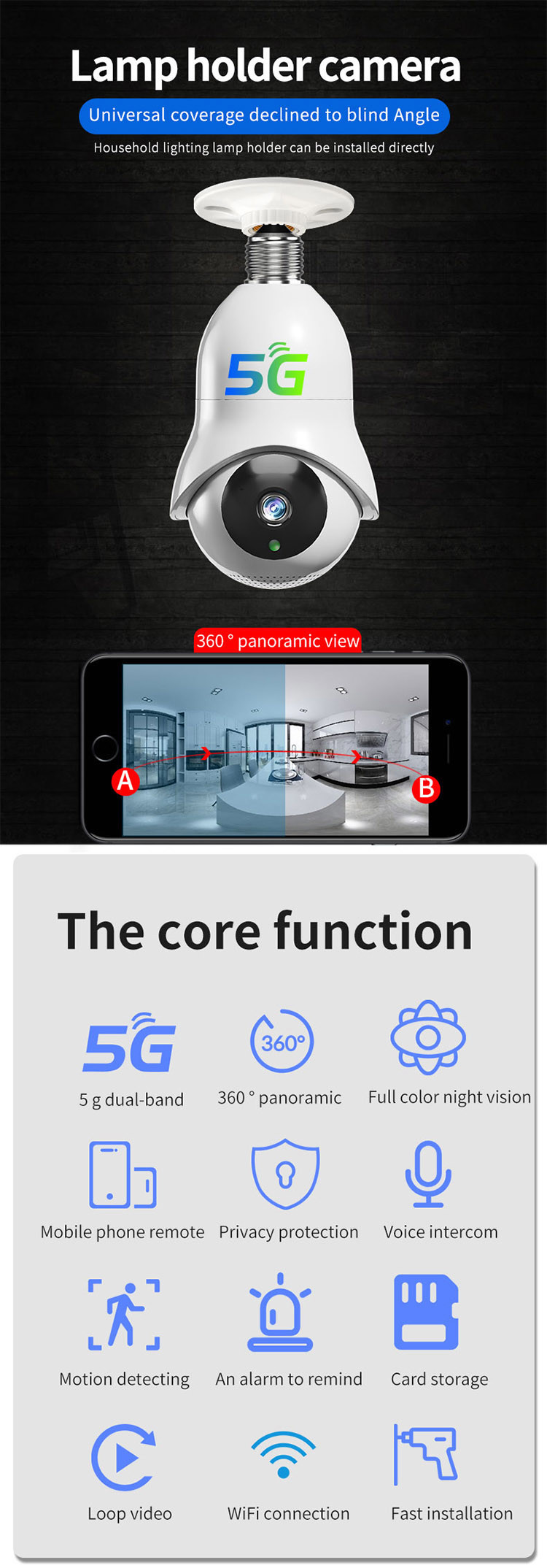 E27 камера беспроводное Wifi электрической лампочки 1080p Fisheye для домашней безопасности