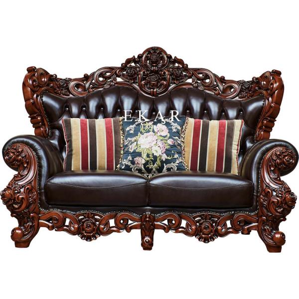 Oak Wooden Carving Design Royal Luxury Living Room 7 Seater Leather Sofa Set