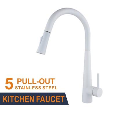 4 Hole Single Handle White Stainless Steel Pull Out Tap Kitchen Faucet  Mixer