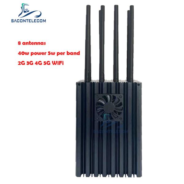 8 Channels Portable Mobile Phone Signal Jammer with 4-10W Per Band and 50m Jamming Radius for 5G
