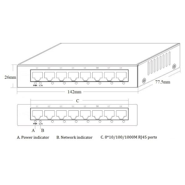 Metal Housing 8 Port Gigabit Ethernet Switch 16Gbps Switching Capacity Fanless Design
