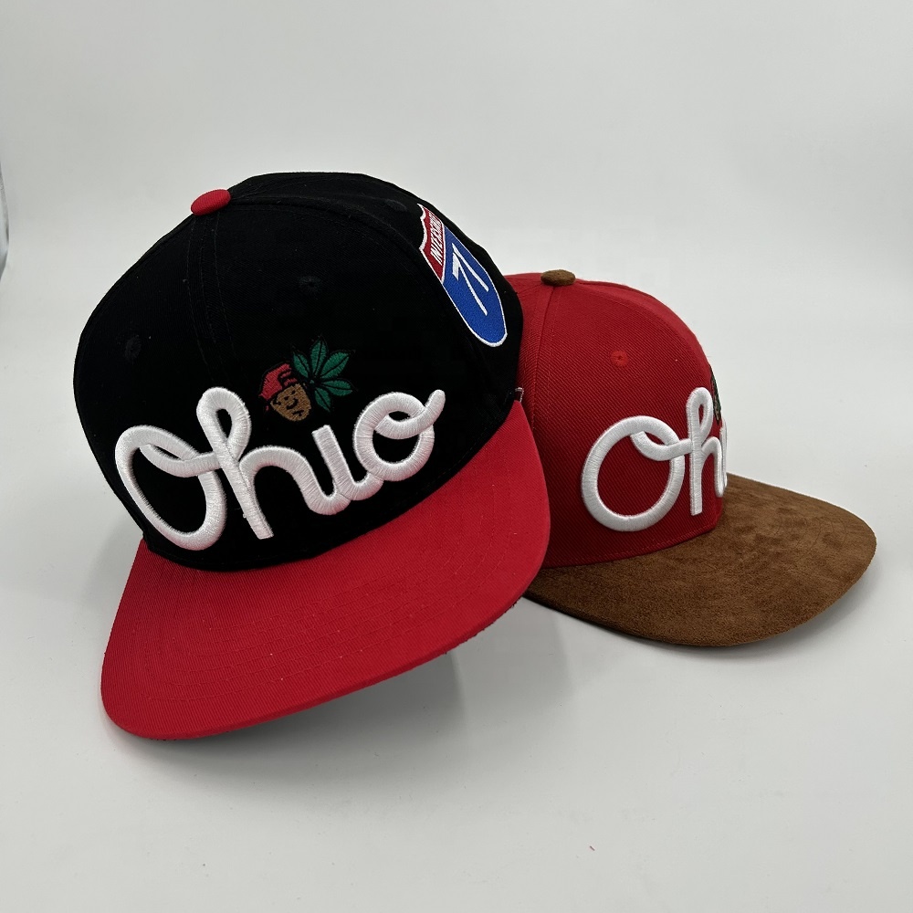 Suede 3D Puff Embroidery Snapback Caps Structured Flat Brim Acrylic Custom Adjustable