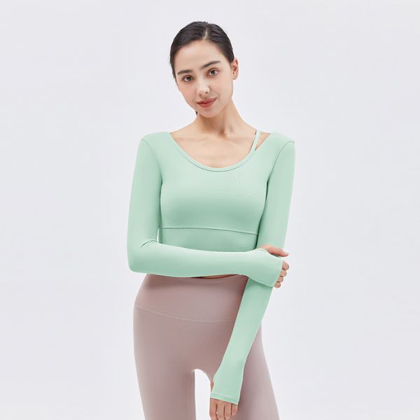 Ribbed Seamless Long Sleeve Crop Top for Women in Peach Pink - Buttery Soft Yoga & Workout Shirt with Built in Bra