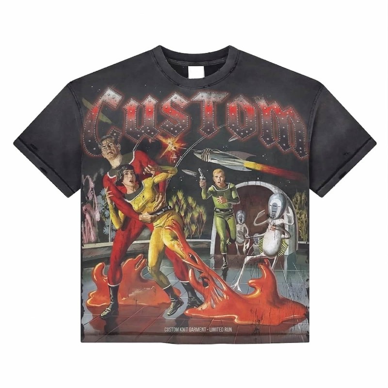 Custom Acid Wash Rhinestone Graphic Print Overisize Short Tshirt