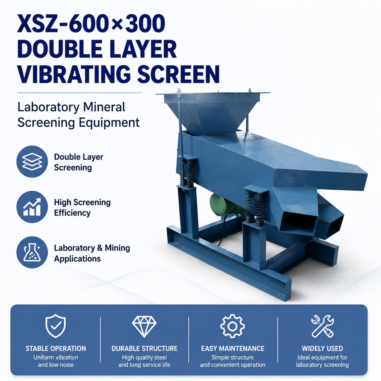 XSZ-600×300 Double Layer Vibrating Screen Machine with 1400 times/min Vibration Frequency for Laboratory Mineral Screening