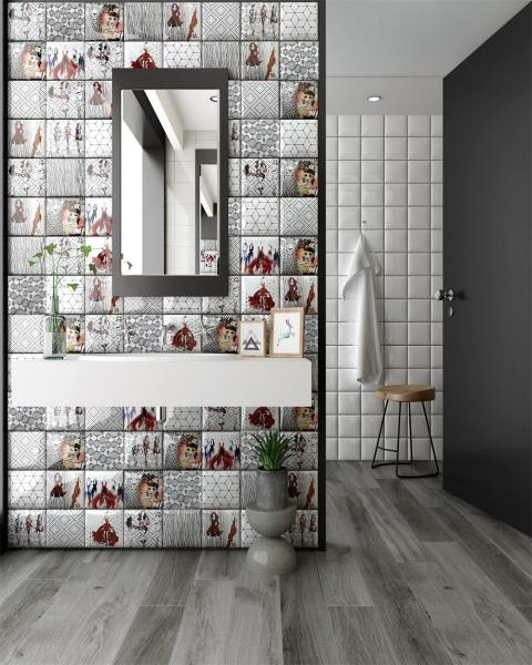 152x152mm White Clay Interior Wall Tiles with Geometric Patterns