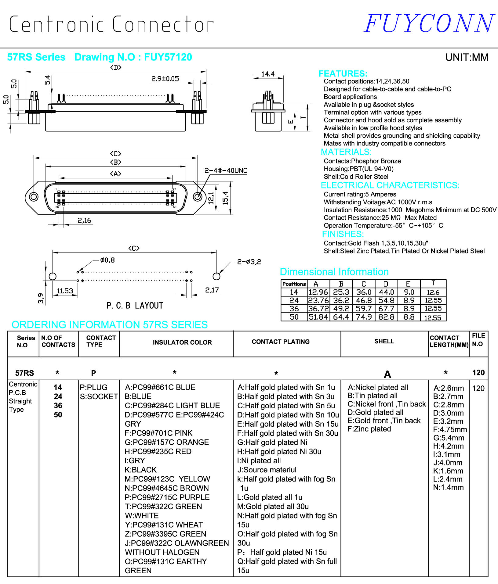 Контактный разъем PCB 24 мужчины Centronic, вертикальный соединитель 50P 36P 14P чемпиона прямого угла
