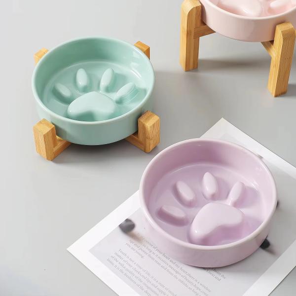 Ceramic Pet Bowl Dog Slow Feeder with Wooden Frame Applicable Pet Dogs Customize logo Color Packaging LCD Display NO