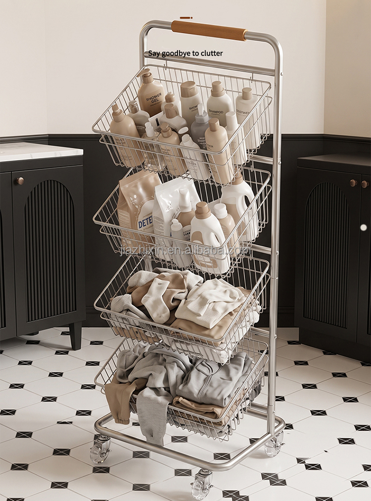 Double Tier 304 Stainless Steel Modern Non-Folding Laundry Basket & Storage Rack Wheels Mobile Unit for Bathroom Balcony