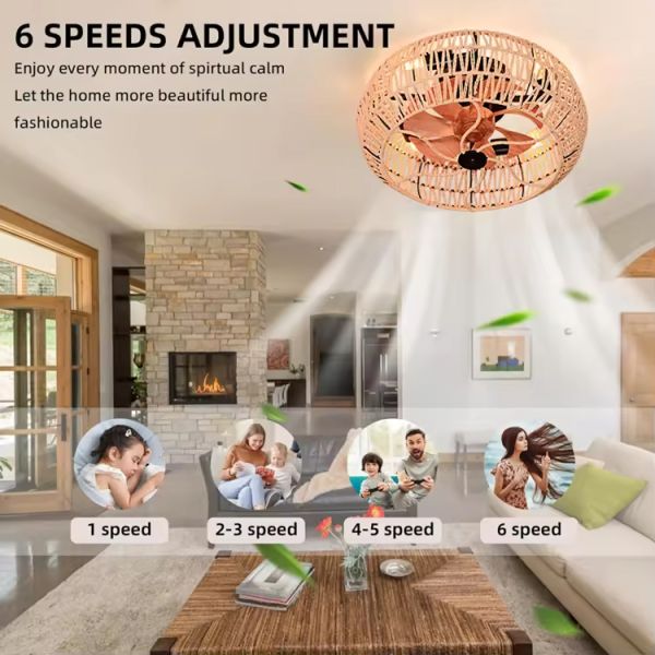  simple and elegant Wholesale Cheap Price Rattan Home Caged Remote Control DC Motor Led E27 Ceiling Light With Fan