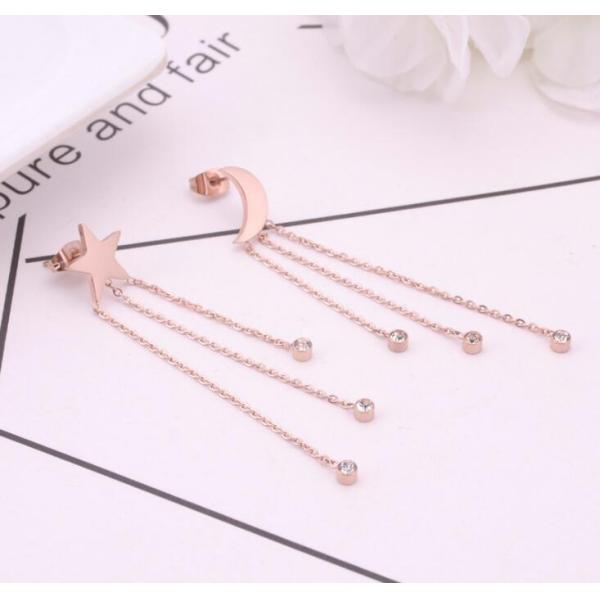 Sun Moon Shape Stud Earrings, Diamond Tassel Drop 316 Stainless Steel Women Earrings