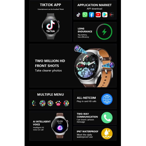 Eraysun 4G Smartwatch GPS NFC Amoled Screen Dual Camera Video Call Play Store Google Apps IP67 2+16GB Android B14 Smart Watches