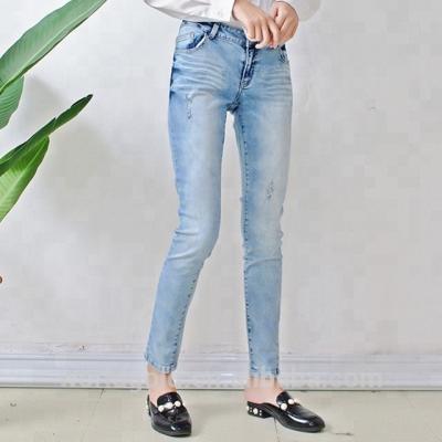 Stretch Whisker Distressed Women Denim Skinny Jeans Light Blue Custom Size