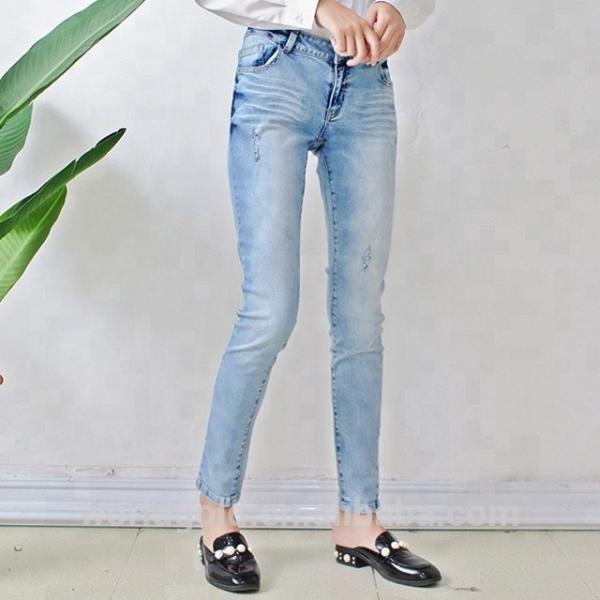 Stretch Whisker Distressed Women Denim Skinny Jeans Light Blue Custom Size