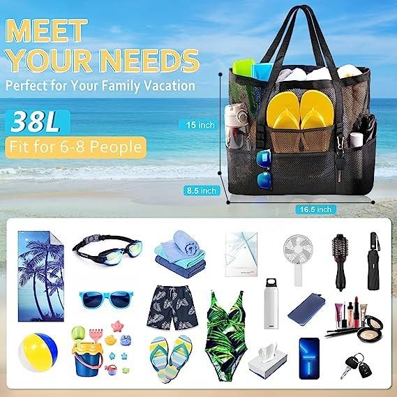 Mesh Beach Bag, Extra Large Beach Bags with 9 Pockets & Zipper Waterproof Lightweight Beach Tote for Beach/Pool Trip
