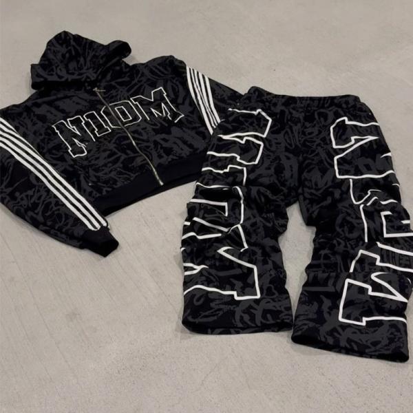 Clothing Manufacturers Custom Full Print Letter Logo Zip up Hoodies Stacked Straight Bagyy Oversized Hoodie and Sweatpants Set