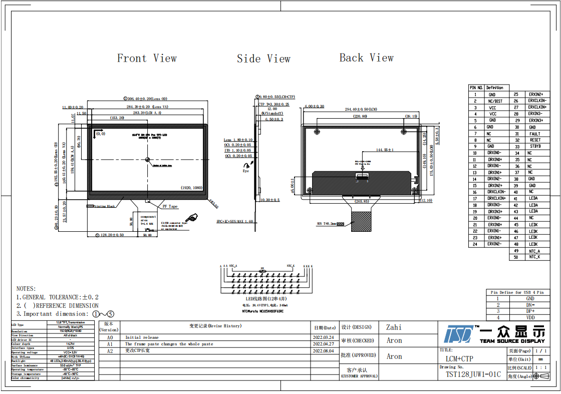 модуль TFT LCD 700nits IPS 12,8» показывает интерфейс USB CTP интерфейса LVDS с касанием