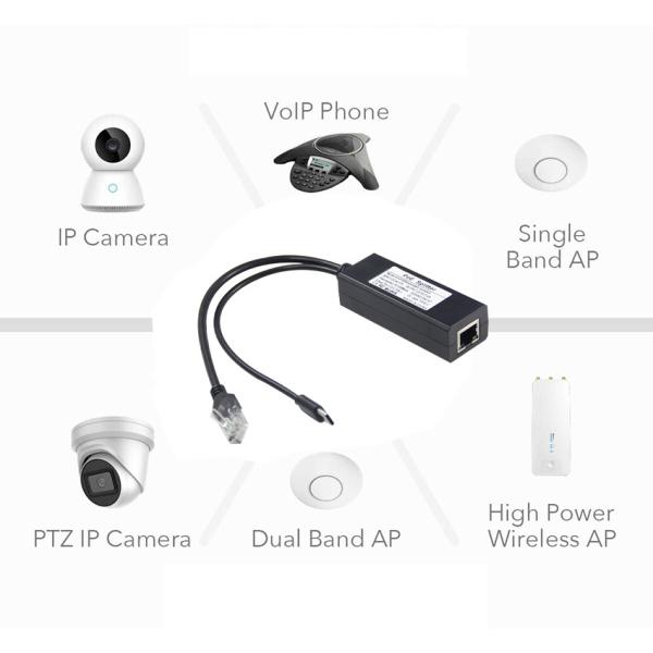 48V から 5V 2.4A POE スプリッタ USB-C 12W IEEE 802.3af/at