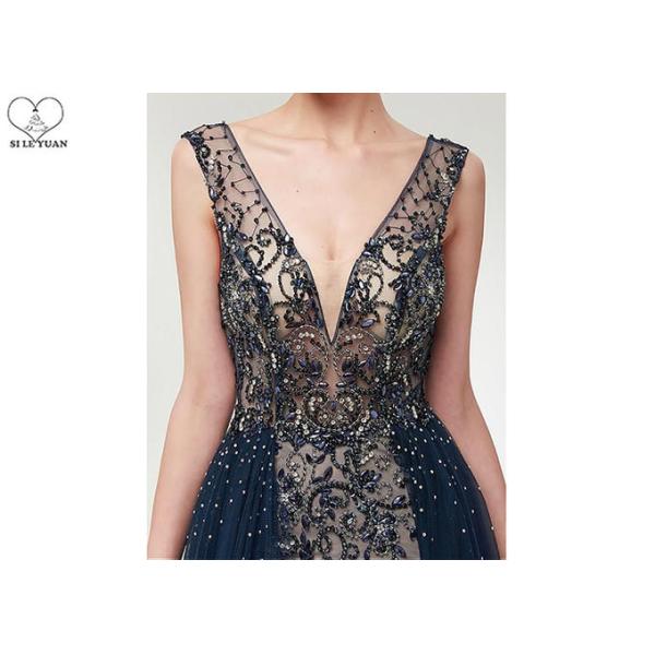 Tulle V Neck Ball Gown Backless / Long Tail Navy Blue Beaded Prom Dress