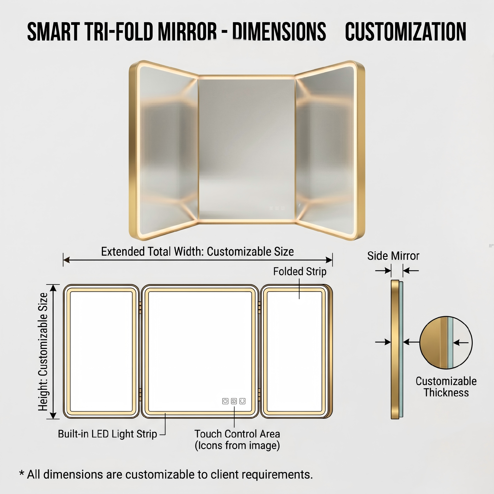 Kingstin Luxury Smart LED Tri-fold Mirror Bathroom Vanity Mirror with Bluetooth Music Anti-fog 3 Color Temperature Customizable