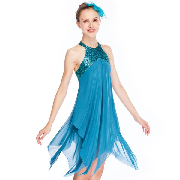 Sequins Halter Neck Lyrical Dance Wear Dress Two Layers Dance Costumes Back Straps Crossing Competition Wear