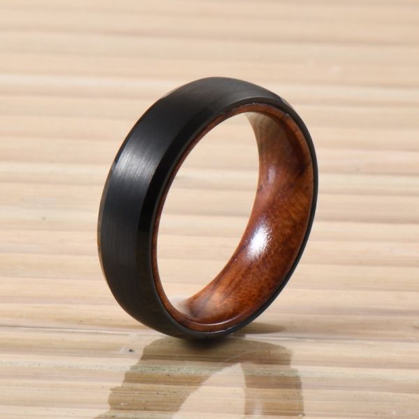 Tungsten Ring Men's Women's 6mm Silver or Black Plated Wedding Engagement Band Rose Wood Inside Beveled Edges Comfort Fit