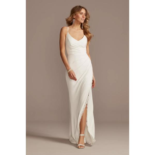 Sleek Sheath Figure-flattering Draping Ruching Spaghetti Straps V-neckline  Slit Side Zipper White Chiffon Wedding Dress