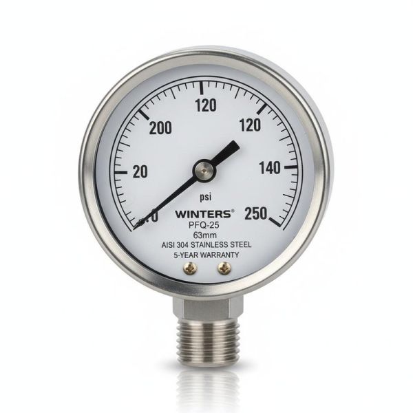 WINTERS PFQ-25 63mm Dial Size Industrial Pressure Gauge with AISI 304 Stainless Steel and 5-Year Warranty