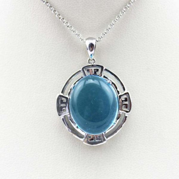 Sterling Silver Oval Dome Created Blue Topaz Cubic Zirconia Pendant  Silver Chain (PSJ0359)