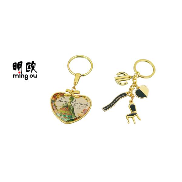 Vintage Heart Shaped Key Ring Metal Plating , Epoxy Sticker Photo Key Chain