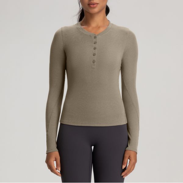 Long Sleeve Henley Top Yoga Activewear Soft Ribbed Fabric Taupe Color for Women