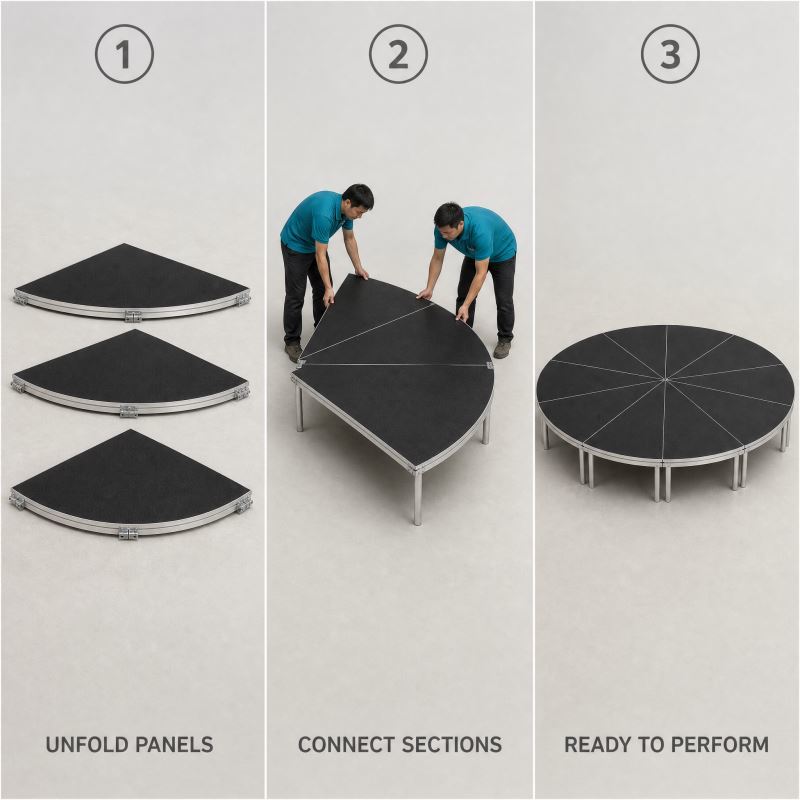 Circular Modular Stage Platform 3.66m Diameter with Black Anti-Slip Surface and Adjustable Height 45-60cm