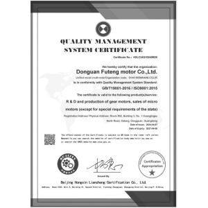 Dongguan Futeng Motor Co., Ltd Certifications