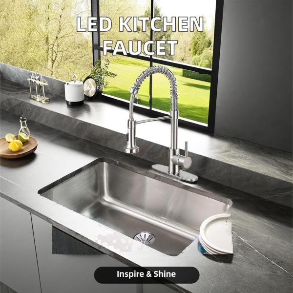 Classic Single Handle Stainless Steel Kitchen Faucet with Ceramic Valve Core and LED Light