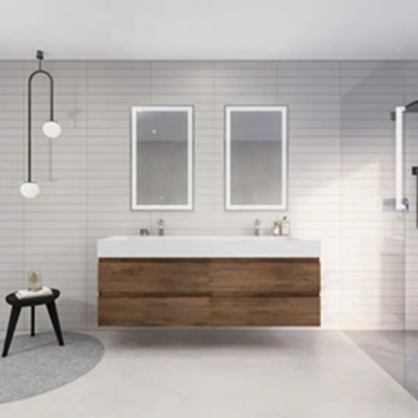 Modern Euro Style Bathroom Vanity with Wood Grain Floating Vanity and Silver Mirror