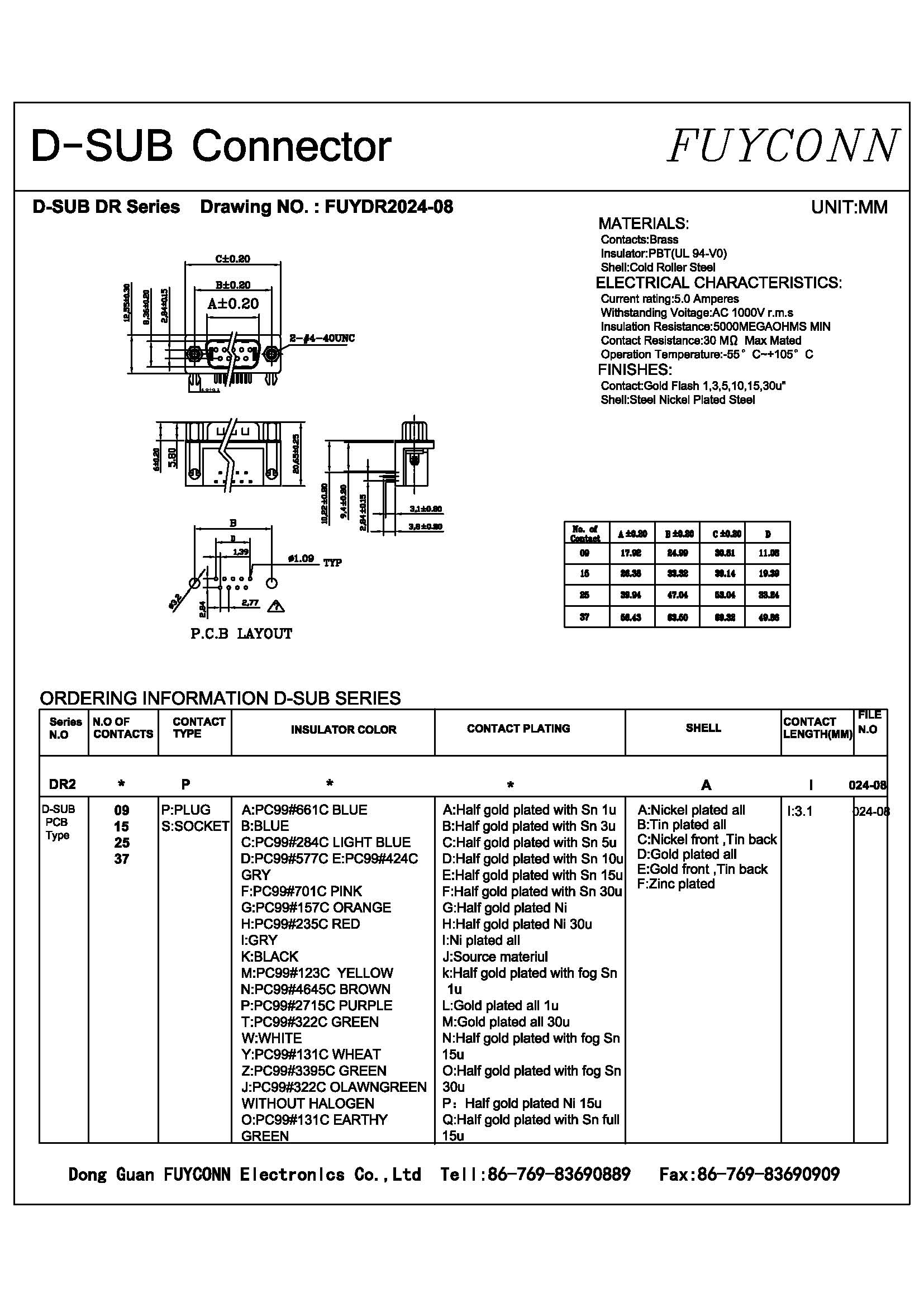 Прямоугольный мужчина соединителя PCB D-SUB затыкает контактный разъем подводной лодки 15 d (9.4mm)