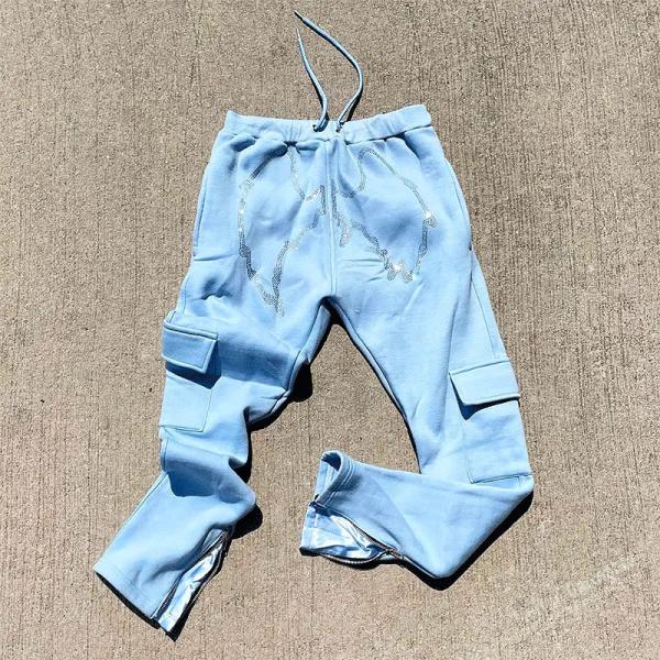 Custom Jogger Graphic Rhinestone Sweatpants Flared Running Training Jogging Stacked Pocket Side Zipper Stripe Sweat Cargo Pant