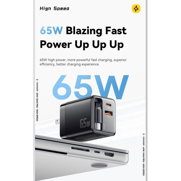 ESSAGER ES-CD49 Series 2 Ports 65W GaN Charger USB Wall Adapter Private Mold and Rated Power 100V-240V AC