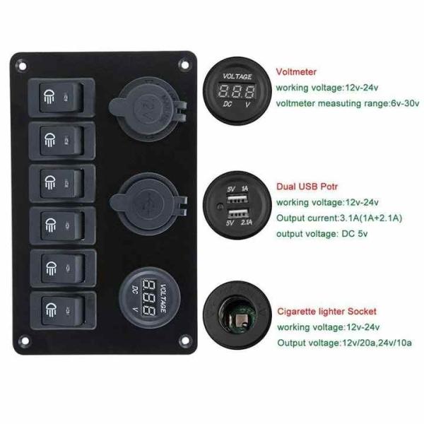 Dual USB LED Voltmeter 6 Gang Marine Switch Panel DC12V/24V Compact