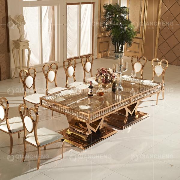 Rose Golden 244x122x75cm Glass Metal Dining Table With Crystal Pendant