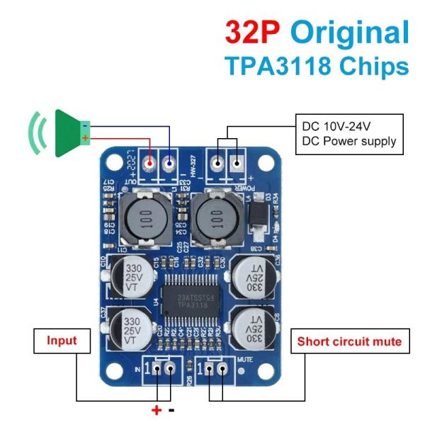 TPA3118 60W Mini Home Amplifier Board для постоянного тока 12-24V Пластиковый материал Аудио усилитель мощности