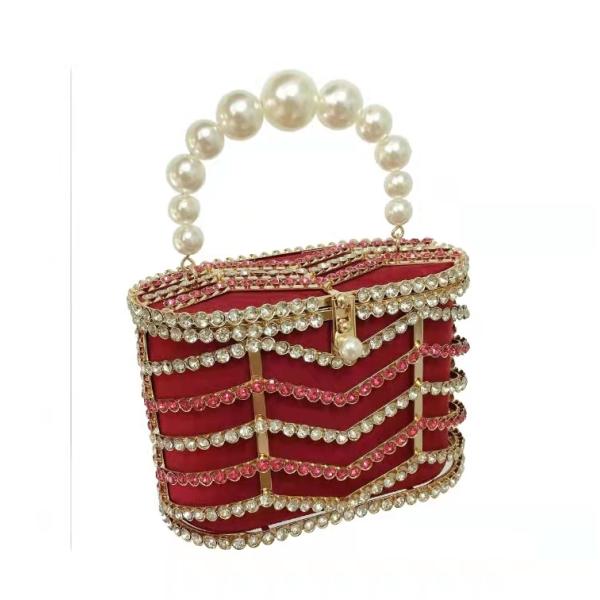 Flat Bucket Shape Pearl Hand Bags Red Fabric Inlaid Diamond OEM ODM