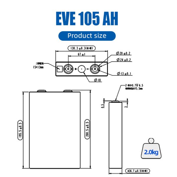 EVE 3.2V 105Ah LiFePO4 Prismatic Cell Grade A Rechargeable Battery with 6000 Cycles for Solar Storage