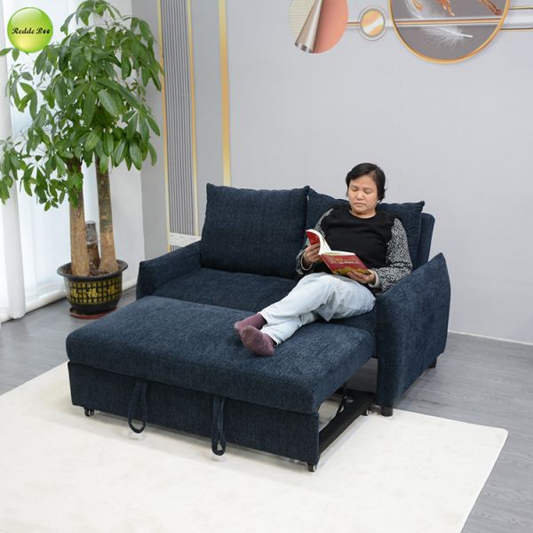 Modern Blue Fabric Pull Out Sofa Bed Space-Saving 2 Seater Living Room Sofa Convertible Sleeping Foldable Sofa Bed
